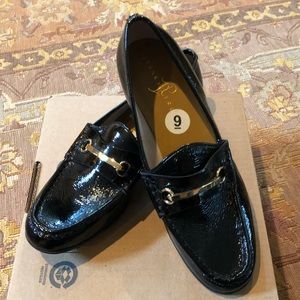 Ivanka Trump black and gold patent leather loafer
